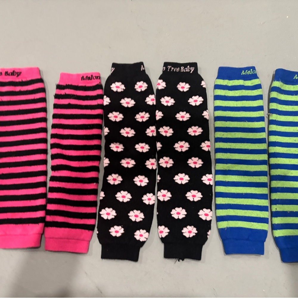 Striped and Floral Leg Warmers - Pink, Black, Blue